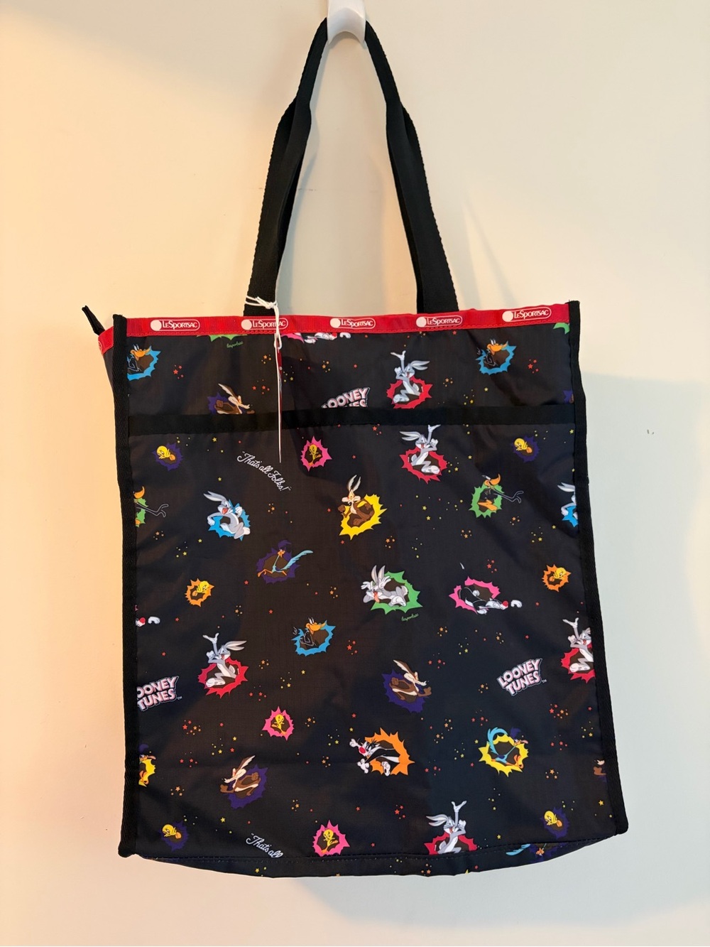 Lesportsac Black Looney Tunes Multicolor Character Large Book Tote
